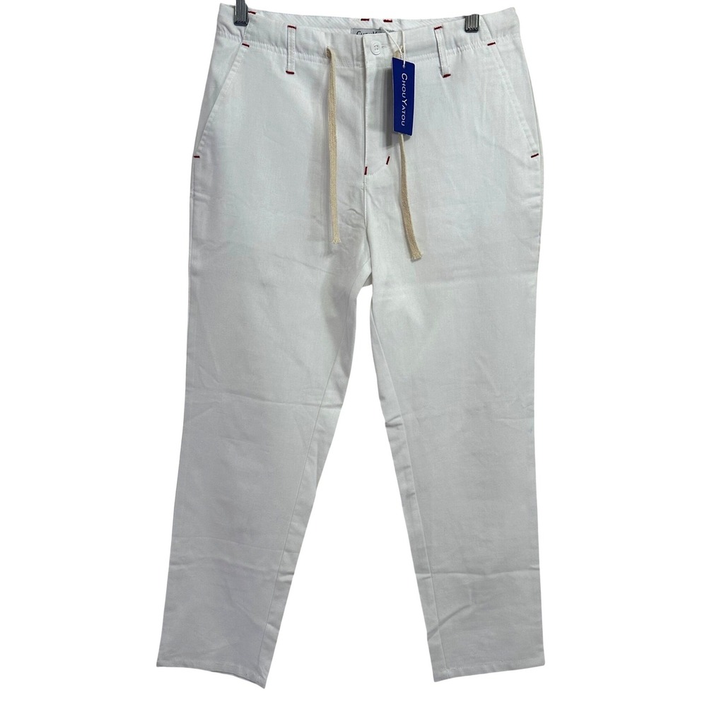 Chouyatou Linen Blend Pants Womens‎ Small White Drawstring Coastal Chino